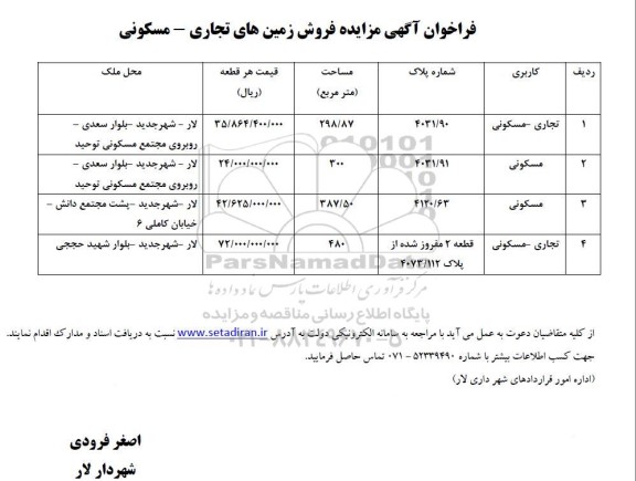 مزایده فروش زمین های تجاری - مسکونی