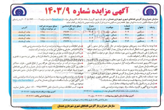 مزایده فروش چهار قطعه زمین مسکونی