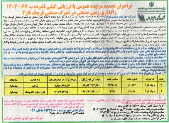 مزایده عمومی واگذاری زمین صنعتی در شهرک صنعتی قرچک فاز 2 - تجدید 