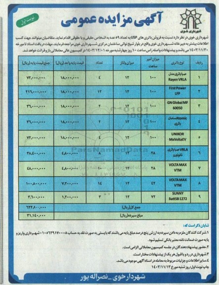 مزایده فروش باتری های usp به تعداد 59 عدد