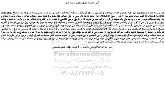 مزایده یک دستگاه خودرو سواری پراید هاچ بک