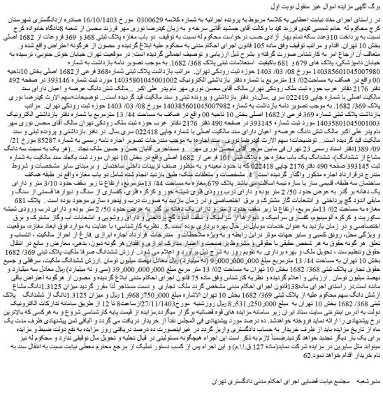 مزایده دو باب مغازه پلاک ثبتی 368 و 369 فروعات از 1682 اصلی