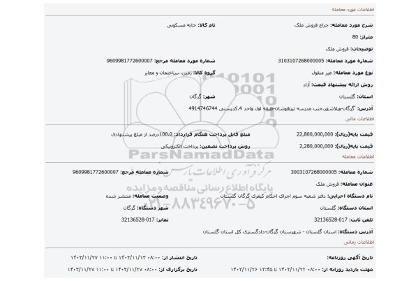 مزایده، فروش ملک