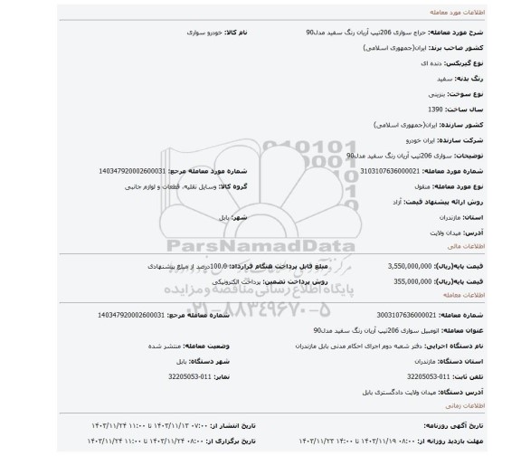 مزایده، سواری 206تیپ آریان رنگ سفید مدل90