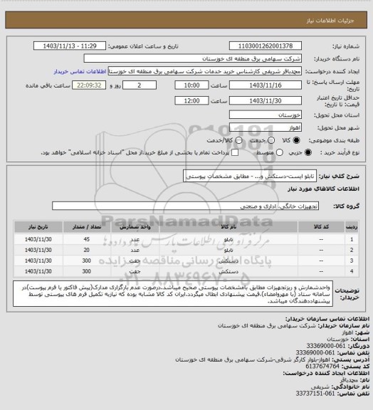 استعلام تابلو ایست-دستکش و... - مطابق مشخصات پیوستی