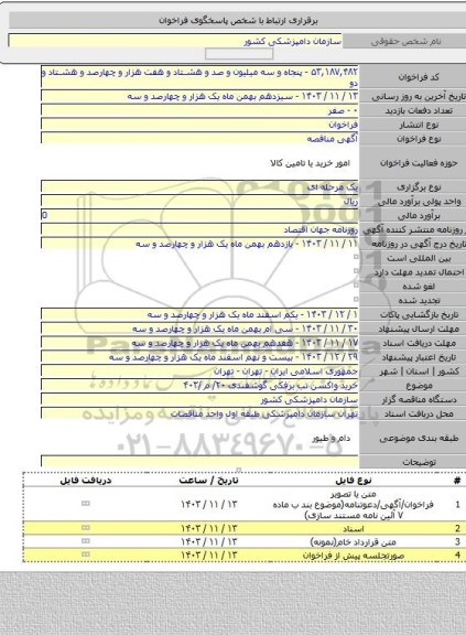 مناقصه, خرید واکسن تب برفکی گوشفندی ۲۰/ م /۴۰۳