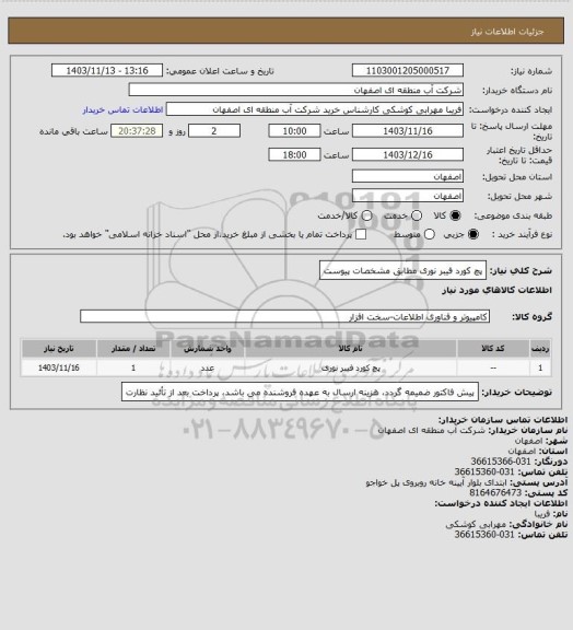 استعلام پچ کورد فیبر نوری مطابق مشخصات پیوست