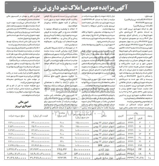 مزایده فروش املاک شهرداری، کاربری مسکونی نوبت دوم