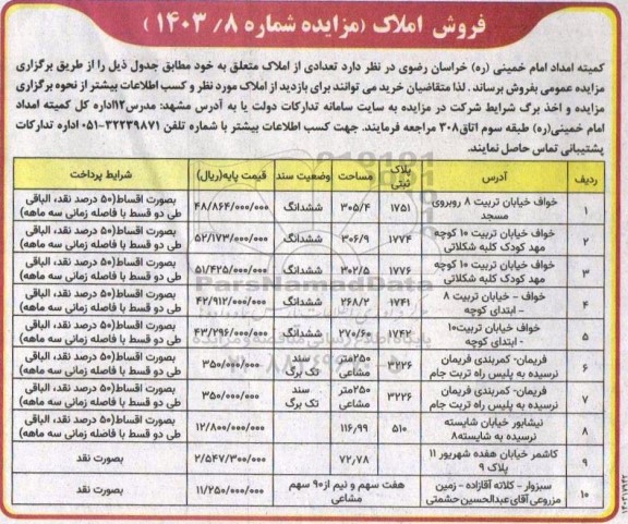 مزایده فروش تعدادی از املاک