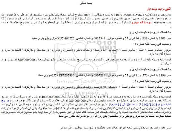 مزایده سواری پژو پارس سفید XU7 مدل 1401