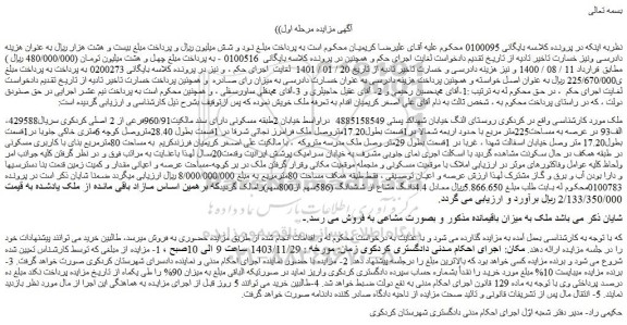 مزایده 2طبقه مسکونی دارای سند مالکیت960/91فرعی از 2 اصلی