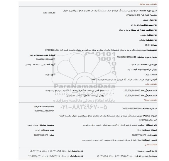 مزایده، فروش ششدانگ عرصه و اعیان ششدانگ یک باب مغازه و منافع سرقفلی و حقوق مکتسبه قطعه 2به پلاک 3782/126