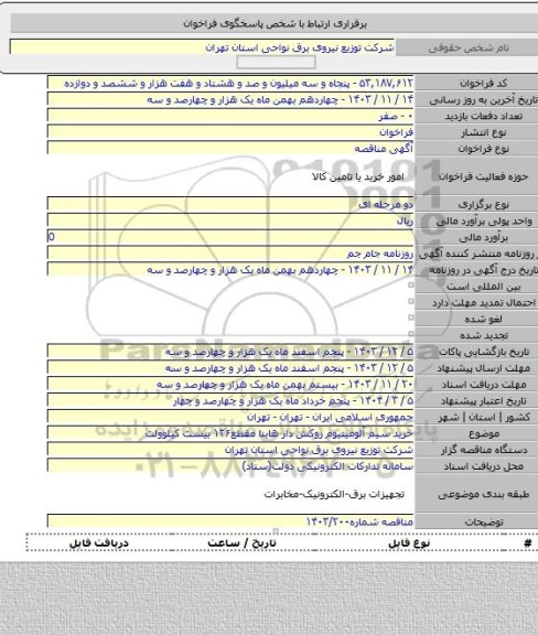 مناقصه, خرید سیم آلومینیوم روکش دار هاینا مقطع۱۲۶ بیست کیلوولت