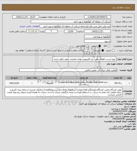 استعلام تهیه لیست قطعات مورد نیاز الکتروپمپ های امامزاده جعفر پاکوه باشت