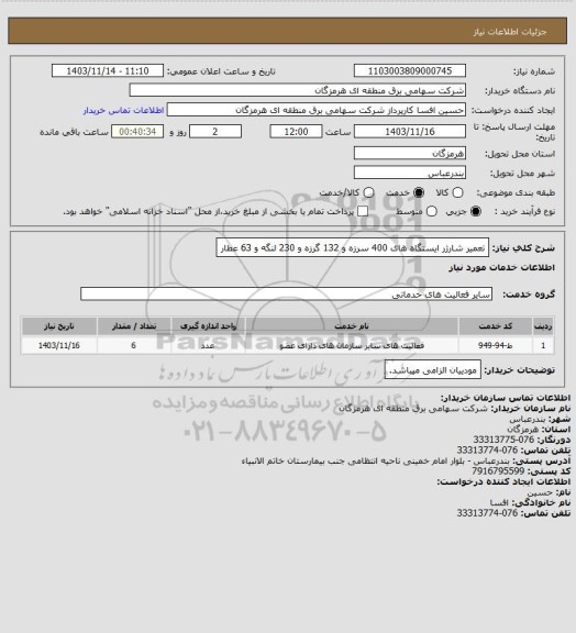 استعلام تعمیر شارژر ایستگاه های 400 سرزه و 132 گرزه و 230 لنگه و 63 عطار