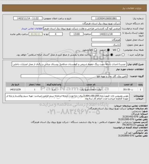 استعلام تجدید1-احداث شبکه جهت رینگ خطوط شریفی و کوهستان حدفاصل روستای چنالی و زیگدف از محل اعتبارات داخلی