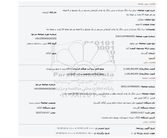 مزایده، سه دانگ مشاع از شش دانگ یک واحد آپارتمانی مستقر در یک مجتمع در 6 طبقه ودر هر طبقه 10 واحد در طبقه چه