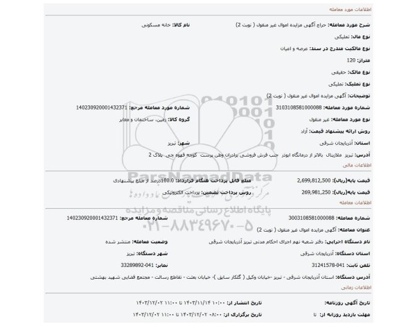 مزایده، آگهی مزایده اموال غیر منقول ( نوبت 2)