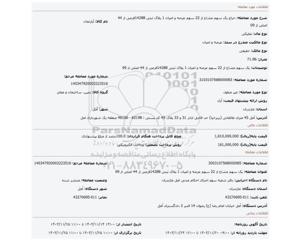 مزایده، یک سهم مشاع از 22 سهم عرصه و اعیان 1 پلاک ثبتی 14288فرعی از 44 اصلی از 09