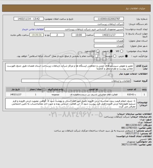 استعلام تعمیر و تعویض سیستم های ایمنی و حفاظتی ایستگاه ها و مراکز شرکت ارتباطات زیرساخت استان همدان طبق جدول فهرست مقادیر پیوست و نظرات ناظر و کارفرما