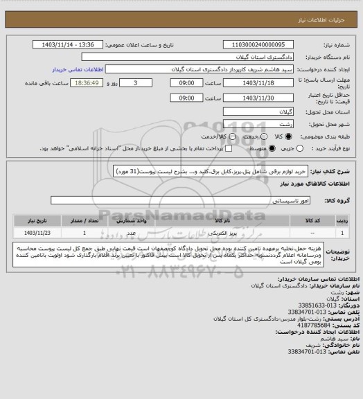 استعلام خرید لوازم برقی شامل پنل،پریز،کابل برق،کلید و...  بشرح لیست پیوست(31  مورد)