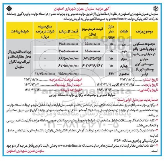 مزایده فروش مجموعه مسکونی
