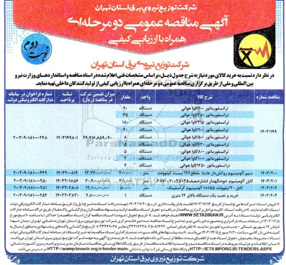مناقصه  خرید ترانسفورماتور 200 کاوا هوایی... - نوبت دوم 
