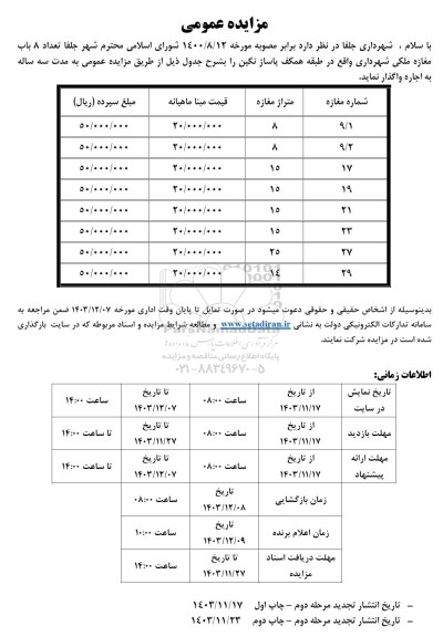 مزایده اجاره 8 باب مغازه