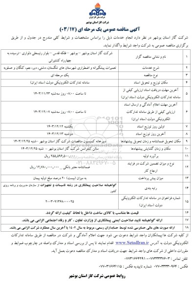 مناقصه تعمیرات پیشگیرانه و اضطراری شهرستانهای...
