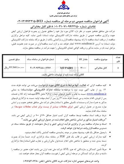 مناقصه عمومی 8 قلم کابل مخابراتی 