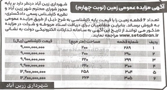 مزایده فروش تعداد 6 قطعه زمین - نوبت چهارم