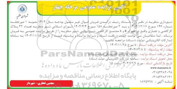 مزایده فروش تعداد 32 پلاک کارگاهی و تجاری 