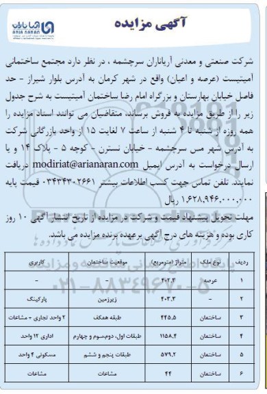 مزایده فروش مجتمع ساختمانی آمیتیست