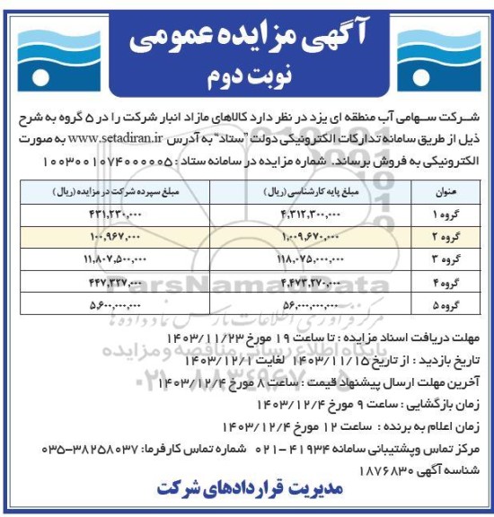 مزایده فروش کالاهای مازاد انبار شرکت نوبت دوم