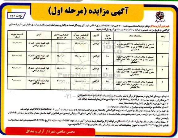 مزایده واگذاری چهار قطعه زمین، کاربری کارگاهی - مرحله اول نوبت دوم