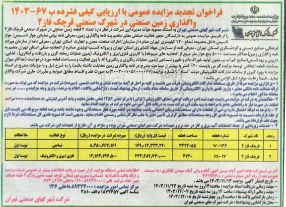 مزایده واگذاری زمین صنعتی تجدید
