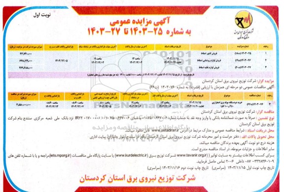 مزایده و مناقصه فروش کنتور اسقاط و ...