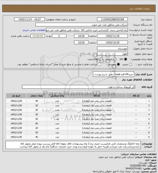 استعلام خرید09 قلم قطعات طبق شرح پیوست