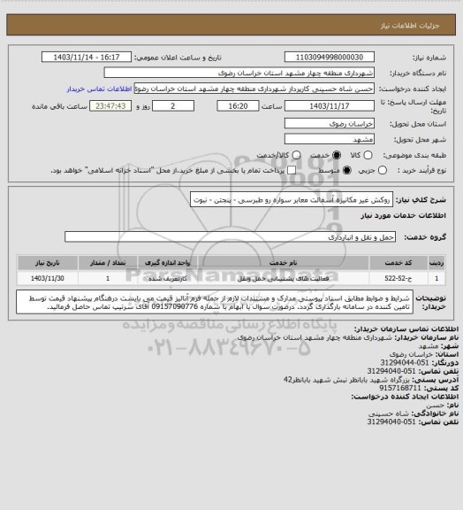 استعلام روکش غیر مکانیزه آسفالت معابر سواره رو طبرسی - پنجتن - نبوت