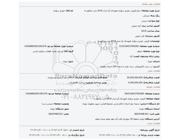 مزایده، فروش خودرو سواری هیوندای آزرا مدل 2019 بابت محکوم به