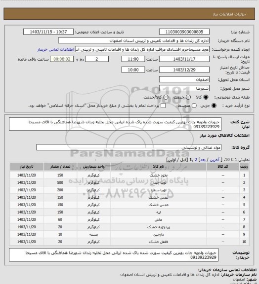 استعلام حبوبات وادویه جات بهترین کیفیت سورت شده پاک شده ایرانی محل تخلیه زندان شهرضا هماهنگی با اقای مسیحا 09139223929