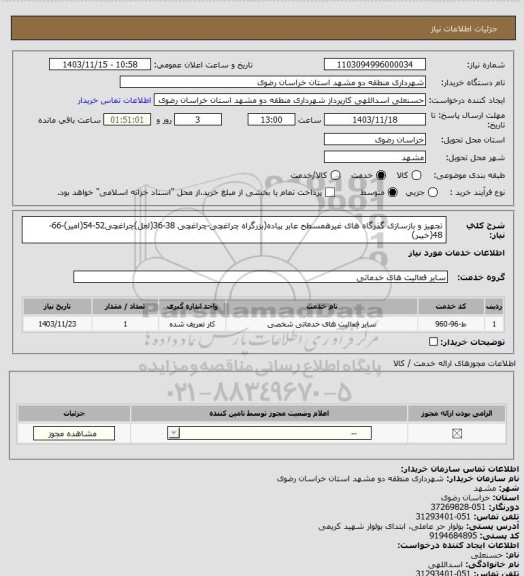 استعلام تجهیز و بازسازی گذرگاه های غیرهمسطح عابر پیاده(بزرگراه چراغچی-چراغچی 38-36(لعل)چراغچی52-54(امیر)-66-48(خیبر)