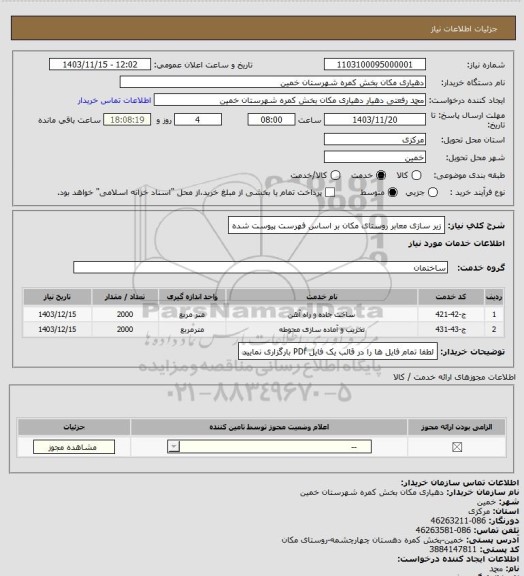استعلام زیر سازی معابر روستای مکان بر اساس فهرست پیوست شده