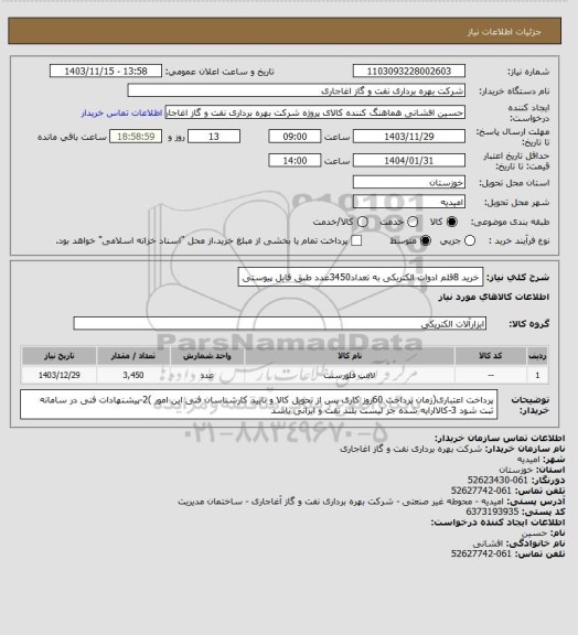 استعلام خرید 8قلم ادوات الکتریکی به تعداد3450عدد طبق فایل پیوستی