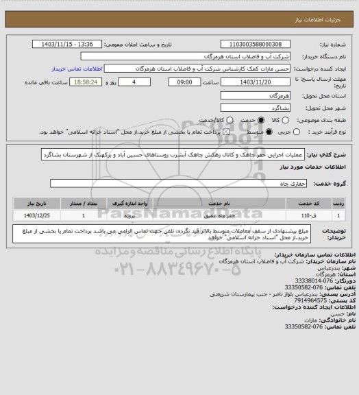 استعلام عملیات اجرایی حفر چاهک و کانال زهکش چاهک آبشرب روستاهای حسین آباد و برکهنک از شهرستان بشاگرد
