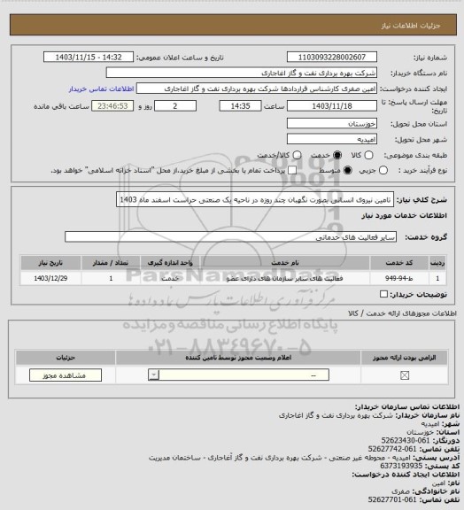 استعلام تامین نیروی انسانی بصورت نگهبان چند روزه در ناحیه یک صنعتی حراست اسفند ماه 1403