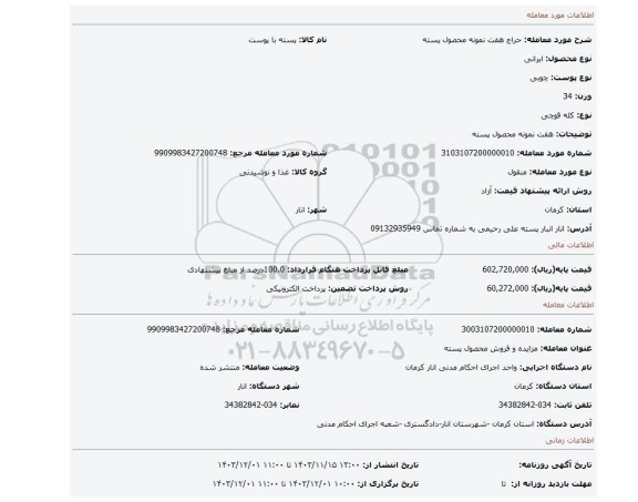 مزایده، هفت نمونه محصول پسته