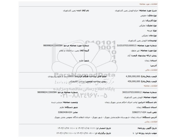 مزایده، فروش زمین کشاورزی