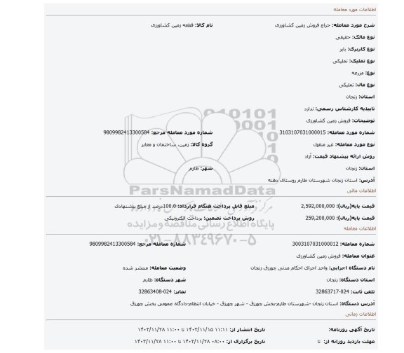 مزایده، فروش زمین کشاورزی