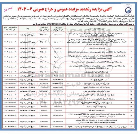 مزایده فروش خودرو، بیل مکانیکی، ادوات مکانیکی و کالاهای اسقاطی